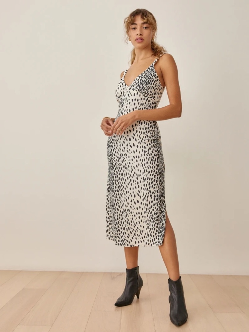 Reformation - Lynda Dress - Cream Slip Midi with Black Spot Print